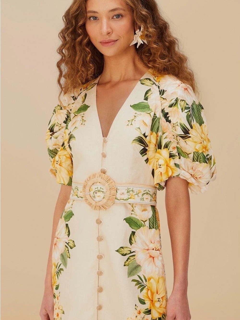 NWTs-Farm Rio NWT linen Button-Front Puff Sleeve Dress — Floral on Cream. Medium